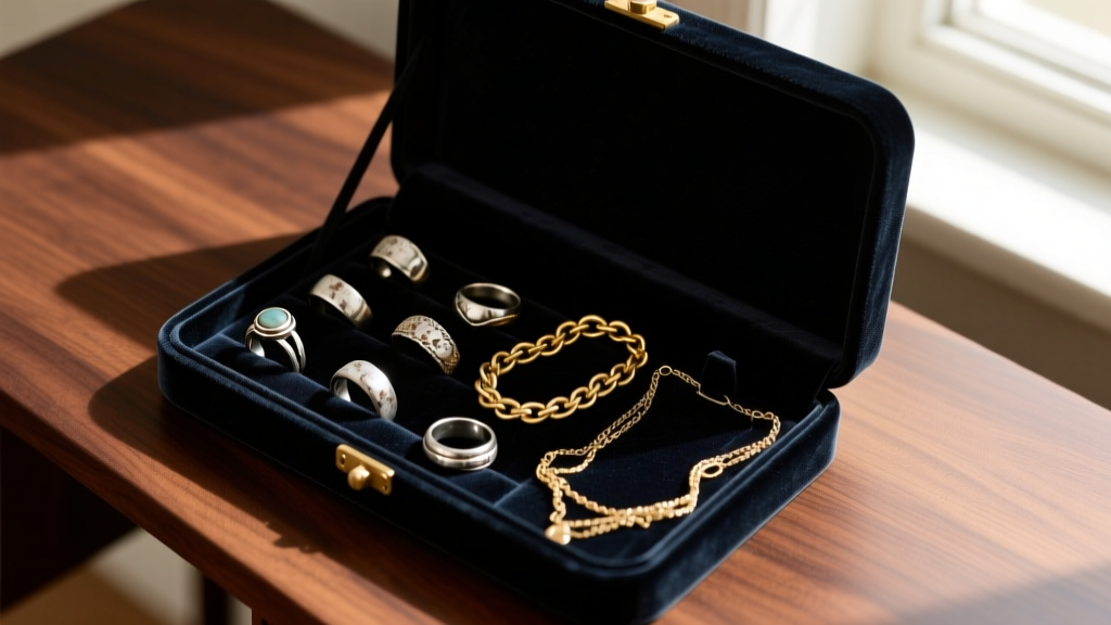 Top-down view of an open velvet jewelry tray organizer with tarnished silver rings and tangled gold necklaces on a dark wood desk