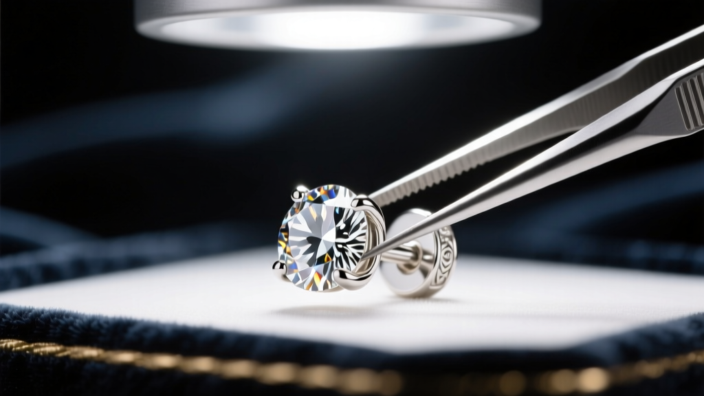 Tweezers attaching an 18k white gold locking safety earring back to a notched diamond solitaire post under a bright jeweler lamp