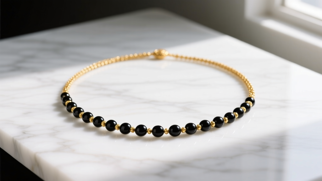Traditional Hindu Mangalsutra necklace with small black onyx beads on a 22k gold chain, laid flat on a white marble surface.