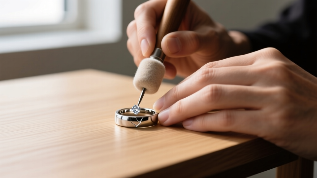 Jeweler applying diamond paste to a scratched mirror titanium band using a felt buffing tool on a clean and well-lit wooden desk.