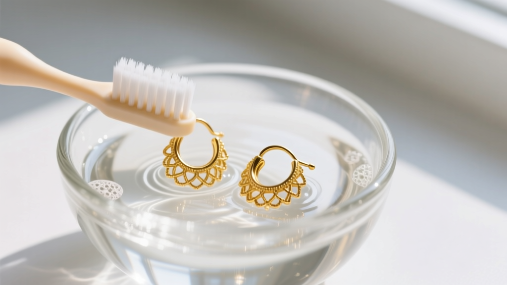 Macro shot of a soft baby toothbrush gently cleaning 14k gold fringe earrings submerged in a small glass bowl of mild soapy water.