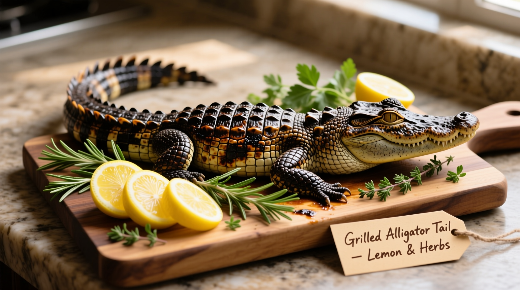 Grilled alligator tail with lemon and herbs