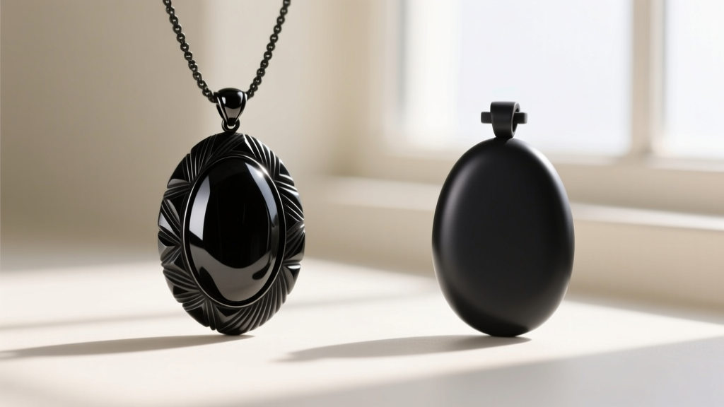 Side-by-side comparison of carved Whitby jet and molded vulcanite mourning pendants, highlighting the matte black finish of jet
