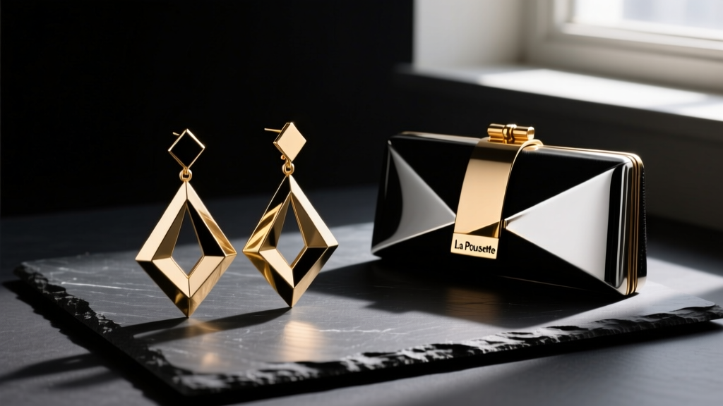 Heavy architectural drop earrings with La Pousette clutches displayed on a dark slate surface with dramatic side lighting