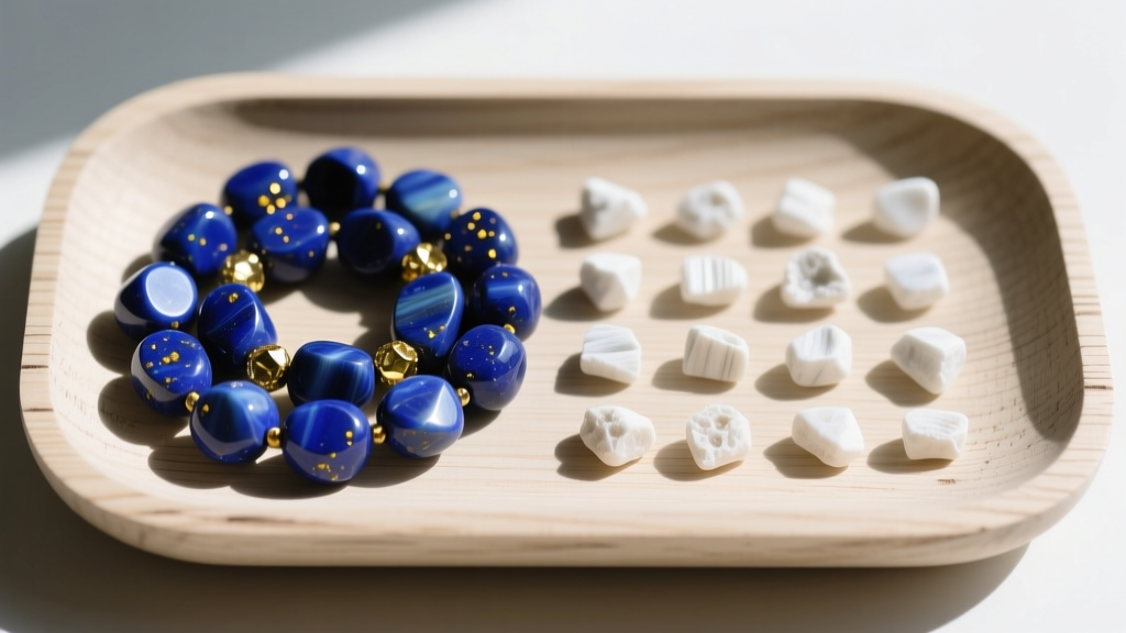 Flat lay of genuine lapis lazuli beads with pyrite flecks next to dyed howlite imitations on a wooden jeweler's bench