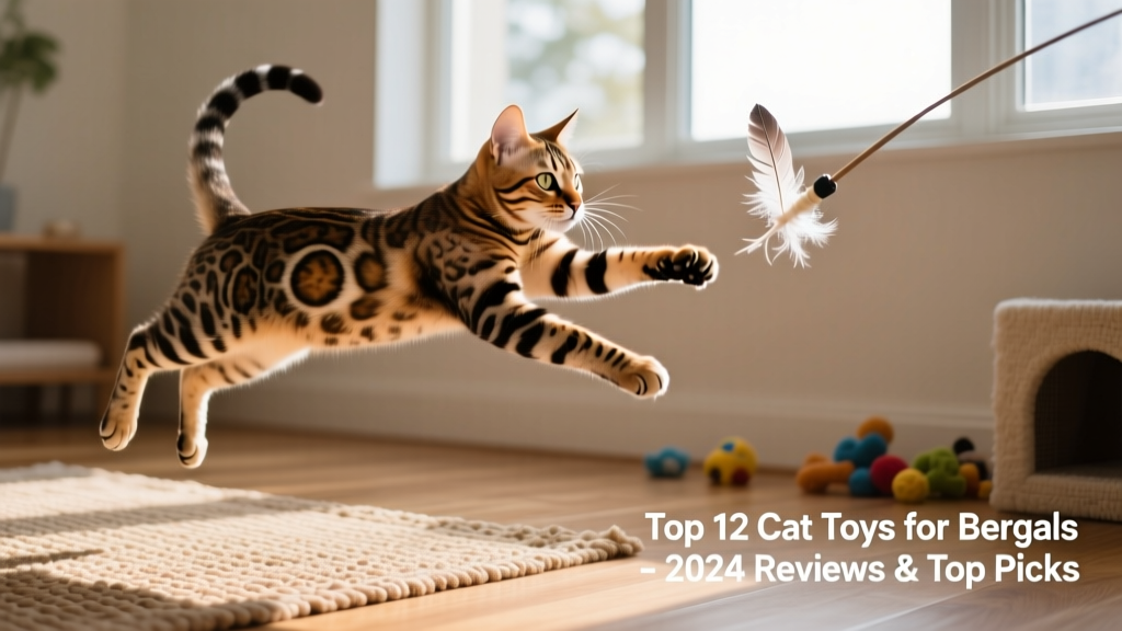 A Bengal cat mid-leap, batting at a feather wand toy suspended in the air