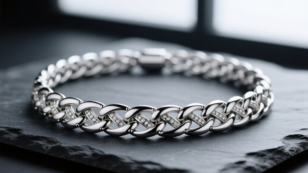 Macro shot of a braided platinum white necklace on dark slate, highlighting the cool grey luster and dense link structure