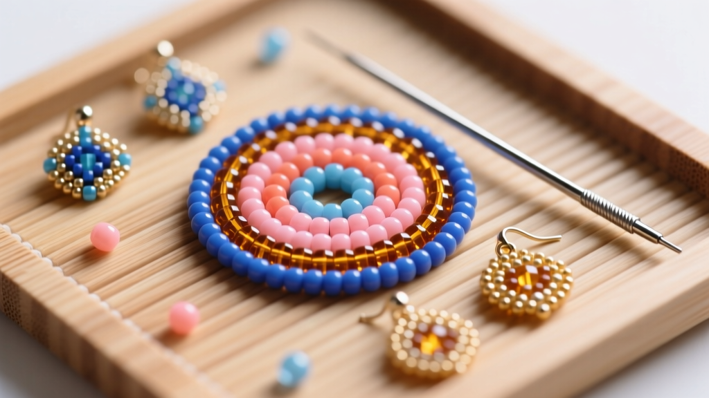 Macro shot of sorted 11/0 Miyuki Delica beads, a fine needle, and colorful seed bead earrings patterns on a wooden beading mat.