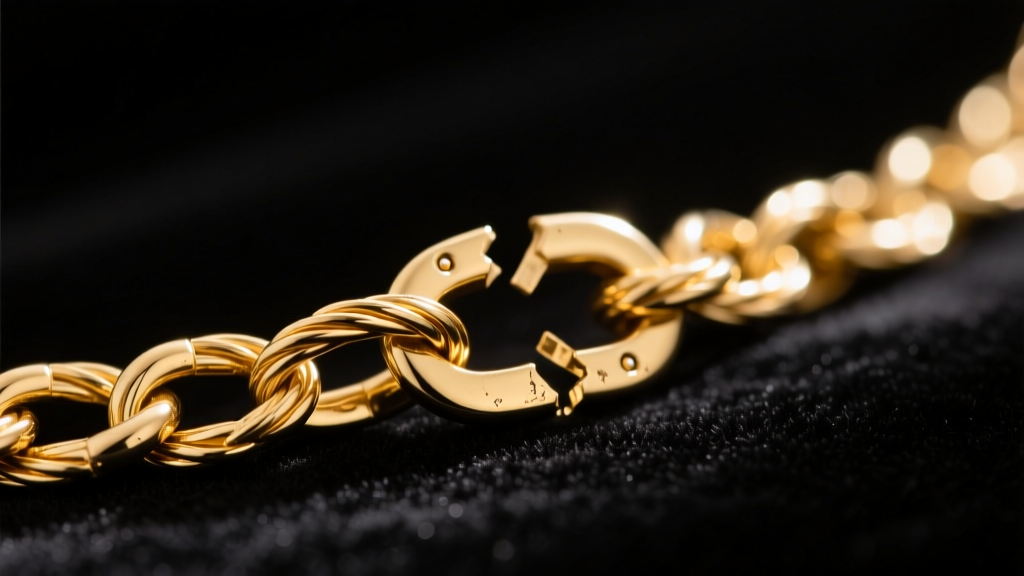 Macro shot of a broken 14k gold cable necklace chain resting on a dark velvet jeweler's mat with professional repair tools nearby