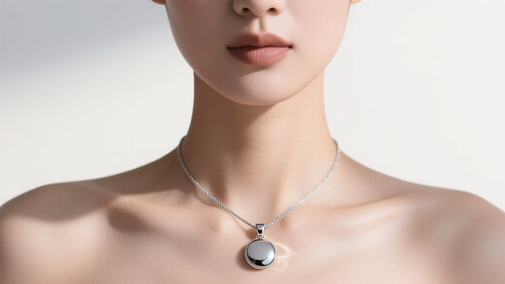 Close-up of a woman wearing a surgical steel pendant, with a subtle overlay illustrating safe skin contact and zero nickel leakage.