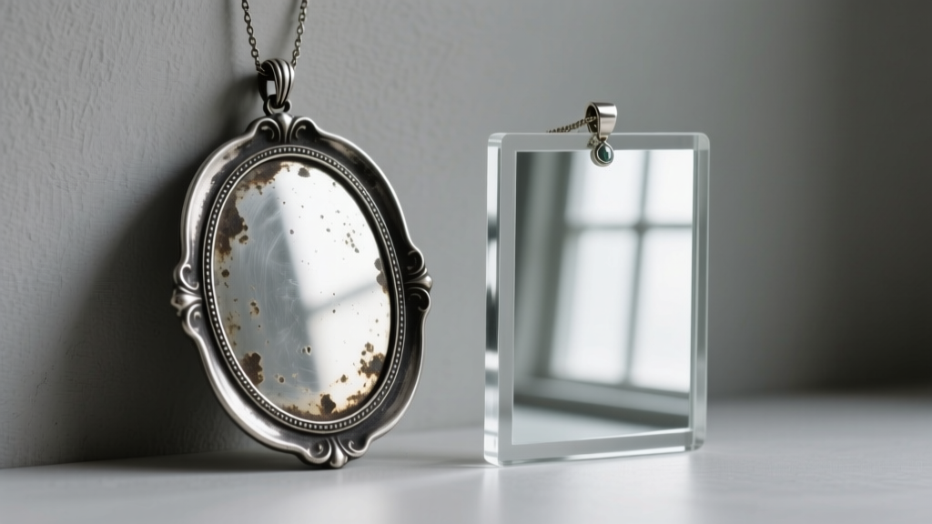 Vintage silvered mirror pendant showing dark edge desilvering beside a modern cast acrylic mirror pendant with clear reflection.
