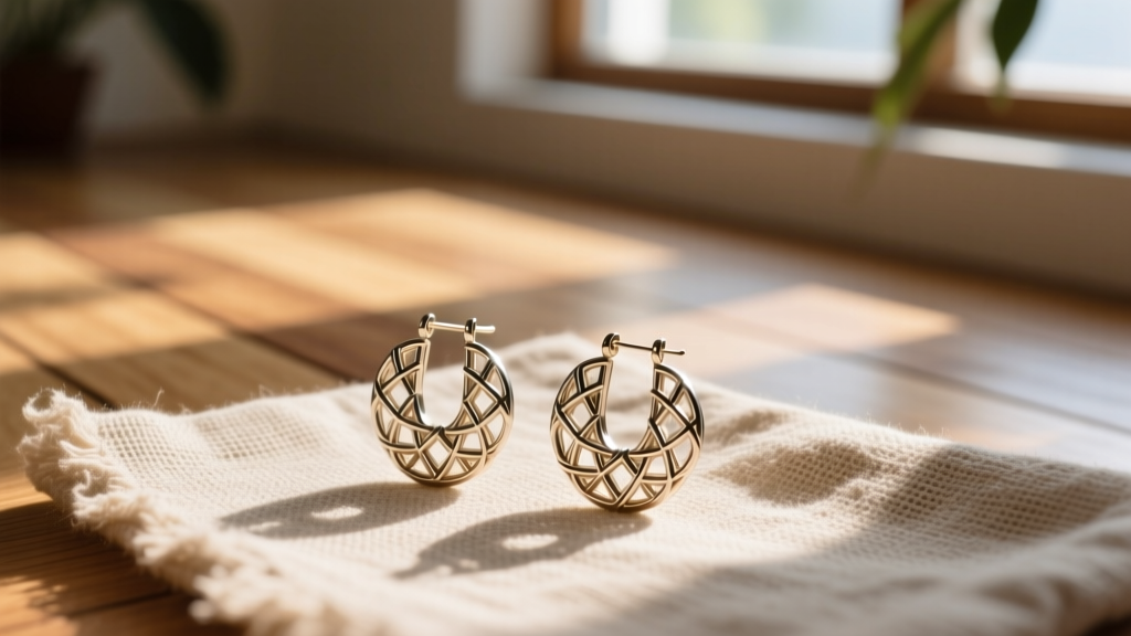 Intricately woven soda tab earrings resting on raw linen cloth, illuminated by warm natural window light highlighting metallic sheen