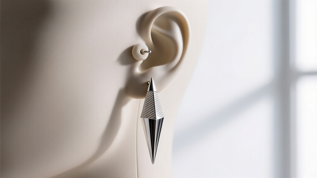 Side view of a heavy silver spike dangle earring secured on a mannequin earlobe using a specialized jumbo silicone friction back.