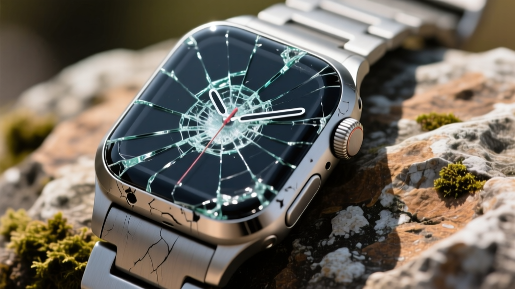 Close-up of scratched titanium smartwatch case and cracked sapphire crystal resting on a rugged outdoor rock surface after impact testing