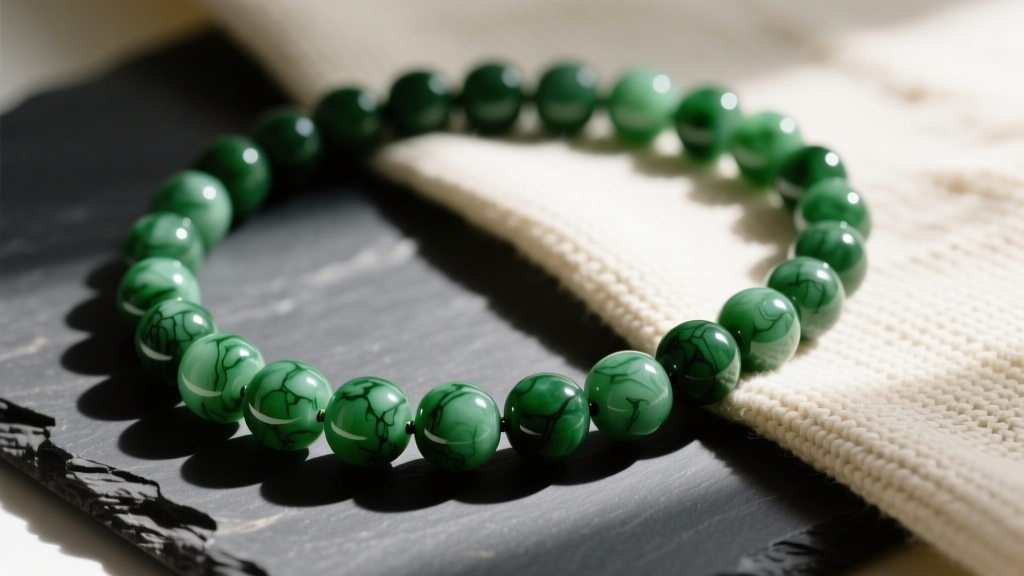 Flat lay of an antique jade bead necklace with deep green mottled nephrite beads resting on dark slate next to soft linen cloth