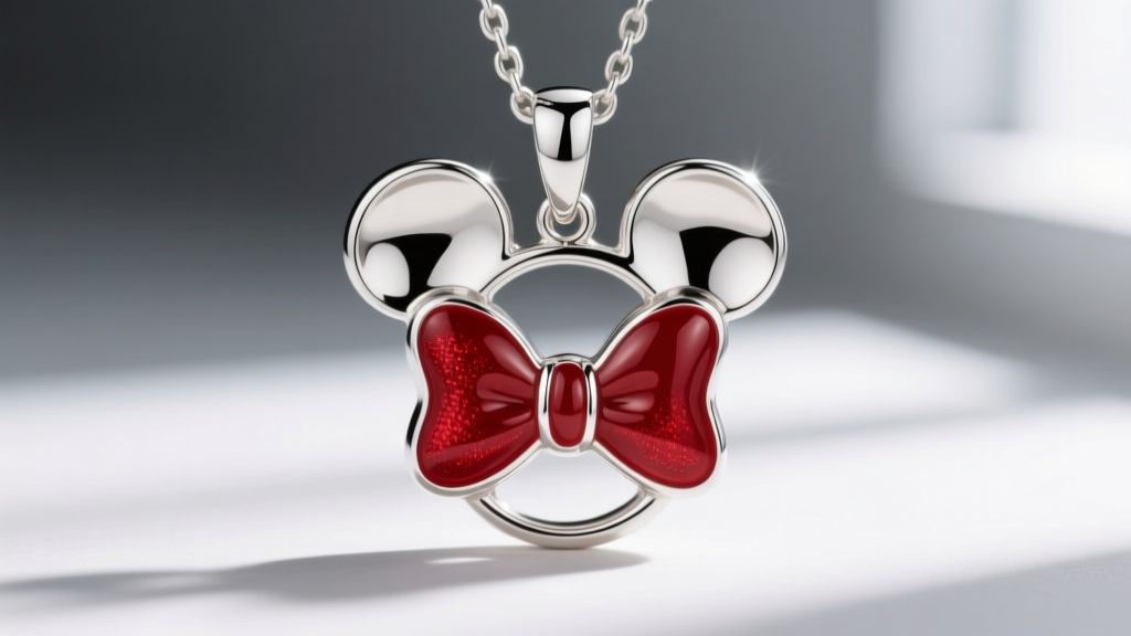 Close-up of a sterling silver Mickey pendant showing the transition between polished metal and red cold epoxy enamel on the bowtie