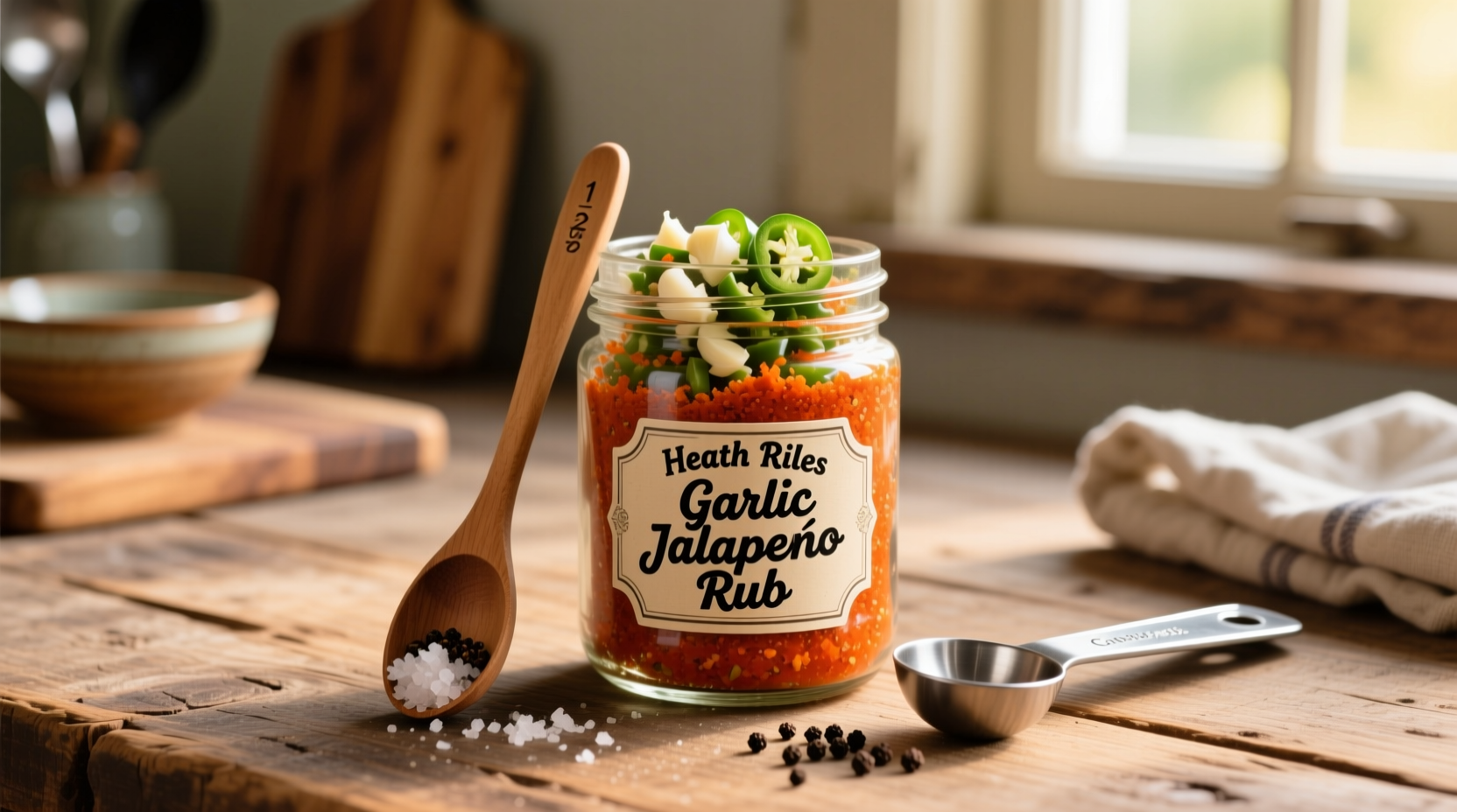 Heath Riles garlic jalapeno rub in glass jar with measuring spoons