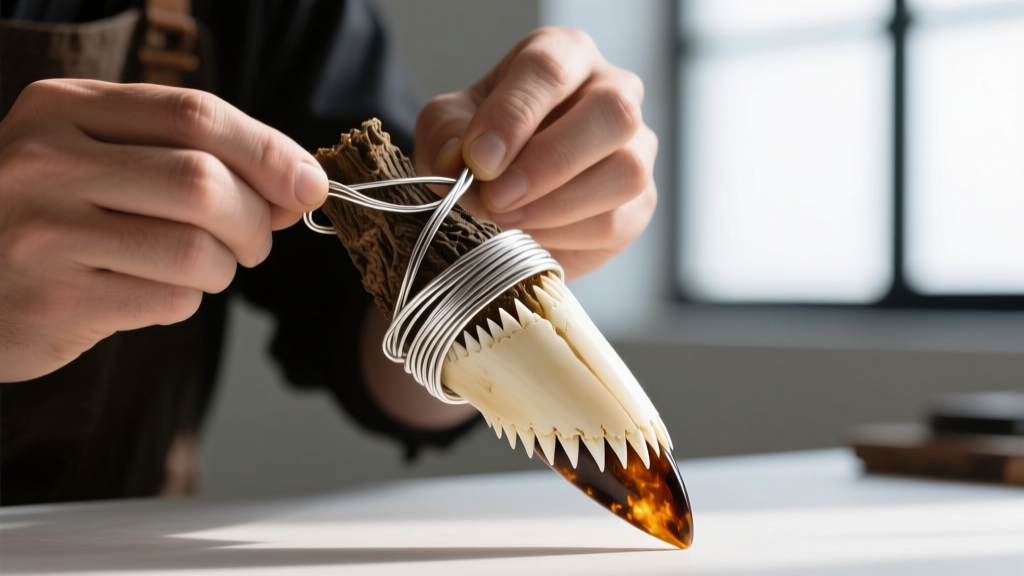 Jeweler wrapping 16-gauge sterling silver wire around the root of a large megalodon tooth to create a custom secure pendant bail
