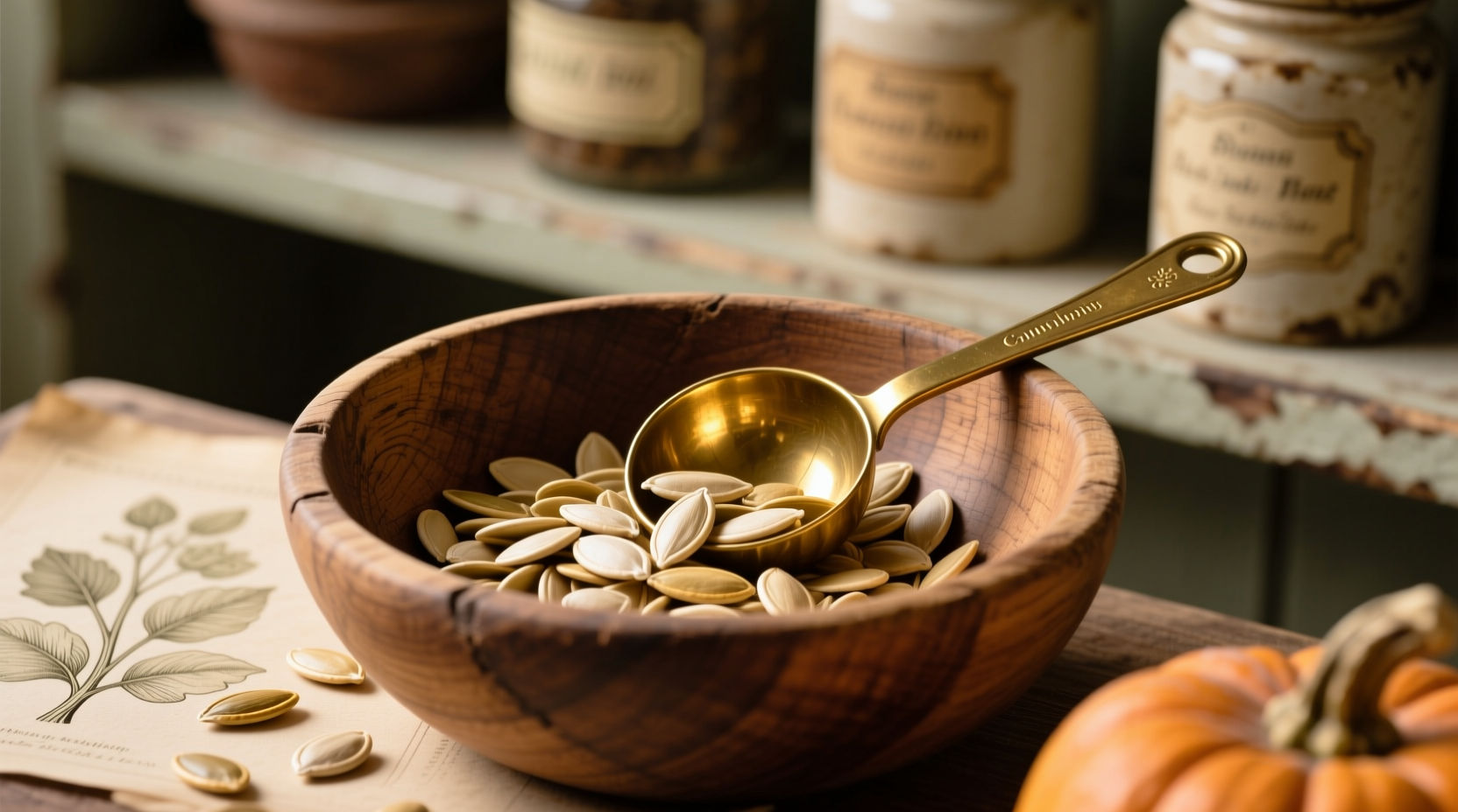 Raw pumpkin seeds in wooden bowl with measuring spoon