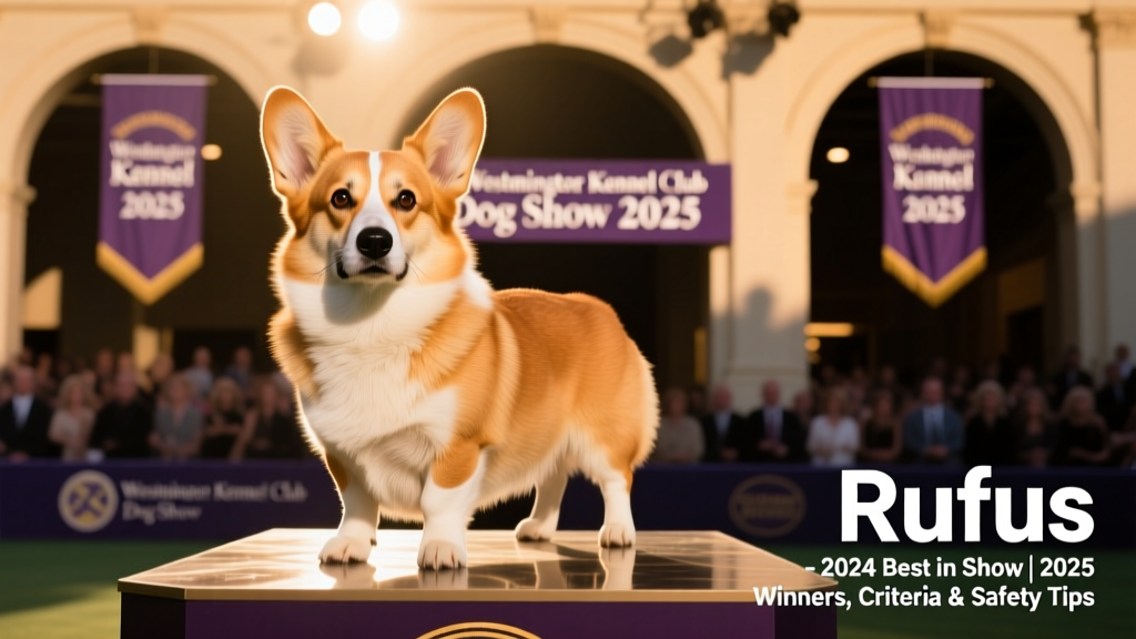 Close-up portrait of Rufus the Pembroke Welsh Corgi, 2024 Best in Show winner, standing confidently on the Westminster podium