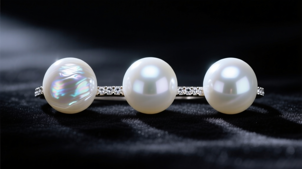 Three white pearls of varying luster aligned on dark velvet, illuminated to reveal nacre thickness and surface reflection details