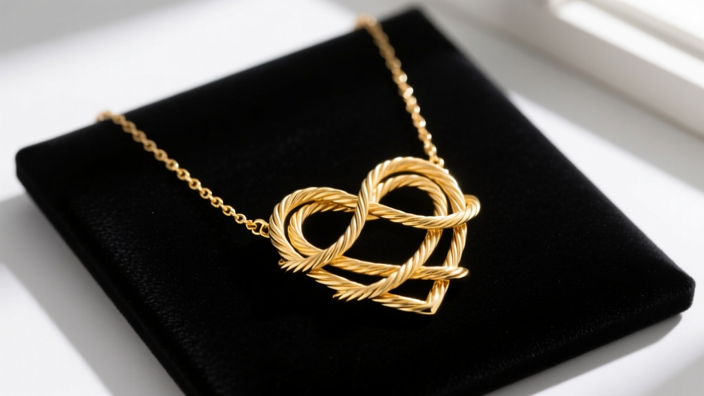Tangled 14k gold layered heart necklace with three delicate cable chains knotted tightly on a dark velvet jewelry display pad.