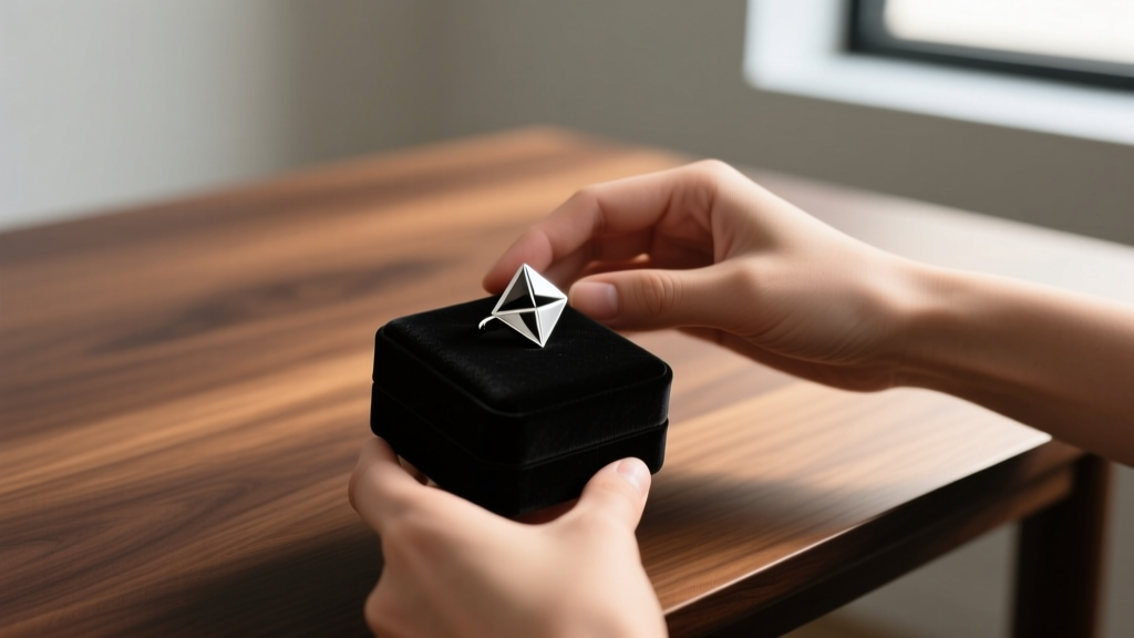 Hands presenting a matte black velvet box with a sterling silver geometric ear cuff, resting on a dark oak desk in warm light.