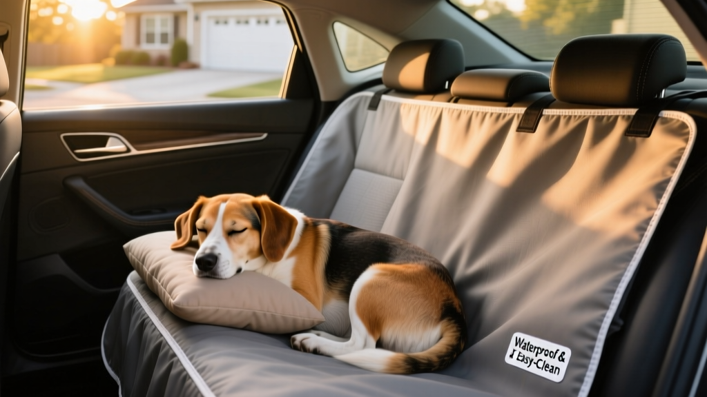 Water-resistant car seat cover installed in back seat, with dog resting comfortably on it