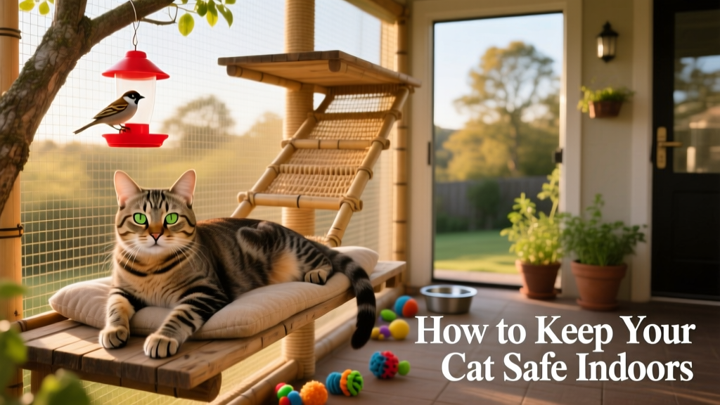 Cat relaxing on a sunny, mesh-enclosed catio with climbing shelves and a bird feeder visible outside