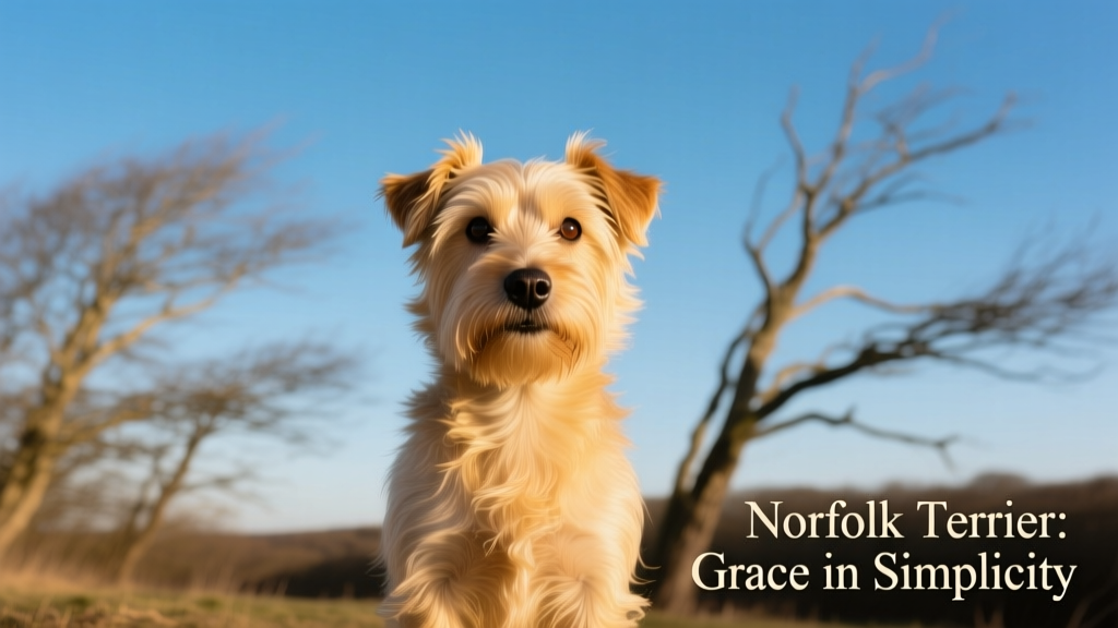 Blonde norfolk terrier poses in front of barren trees and blue sky