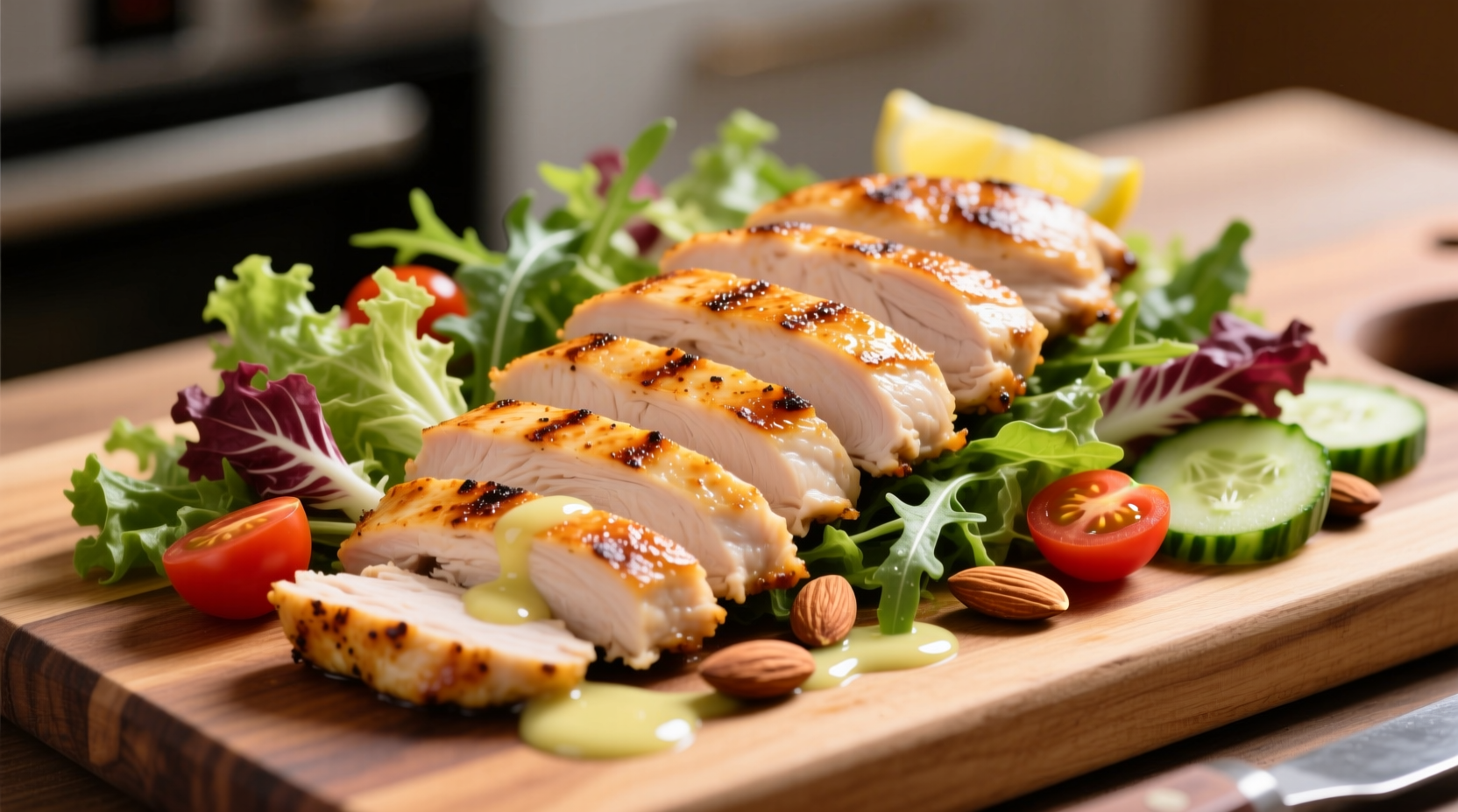 Perfectly cooked chicken slices for salad