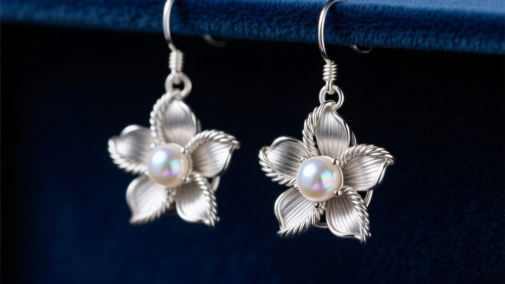 Macro shot of sterling silver flower earrings dangle design on dark velvet, showing wire-wrapped petals and a central pearl gem.