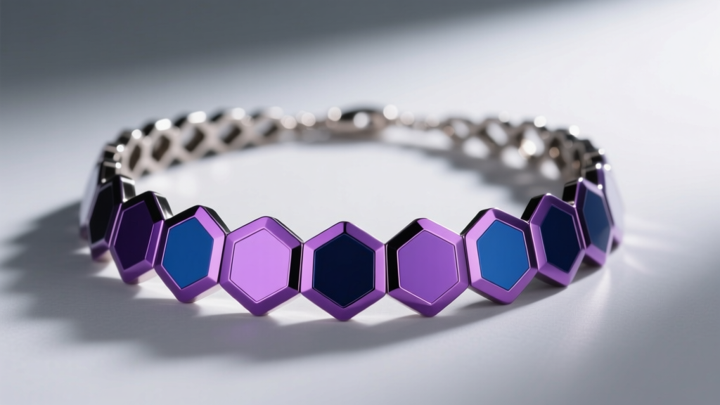 Anodized titanium honeycomb necklace with vibrant purple and blue hexagonal links on a neutral grey studio backdrop