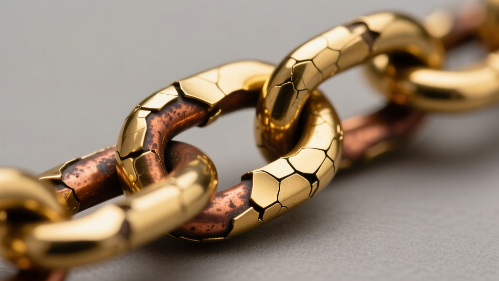 Macro shot of flaking gold-plated brass chain revealing oxidized copper base, sharp focus against a soft neutral gray backdrop