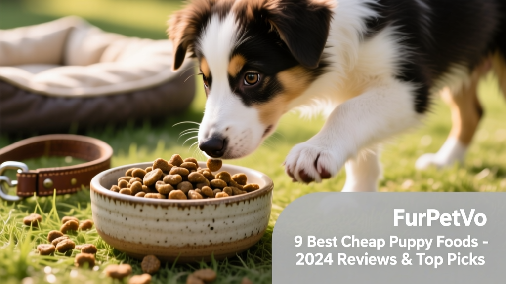 Close-up of FurPetVo Complete Growth Formula kibble in a ceramic bowl beside a playful border collie puppy