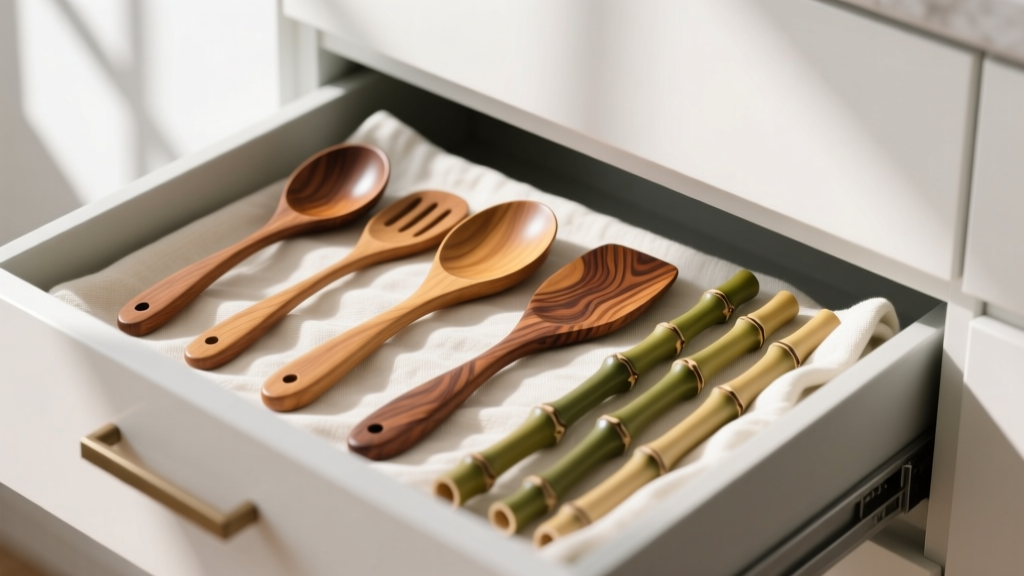 A neatly organized kitchen drawer featuring an array of polished teak spoons, olive wood spatulas, and bamboo cooking utensils resting on a linen towel.