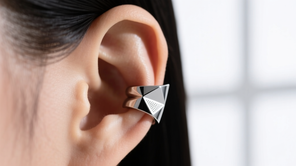 Close-up of a 16-gauge titanium ear cuff wrapping around the upper helix cartilage, illuminated by soft natural studio lighting