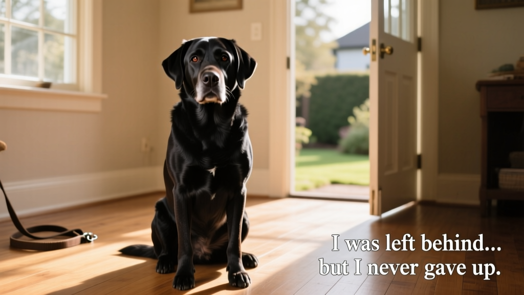 Black Labrador sitting upright with expressive eyes, looking directly at the camera as if telling a story