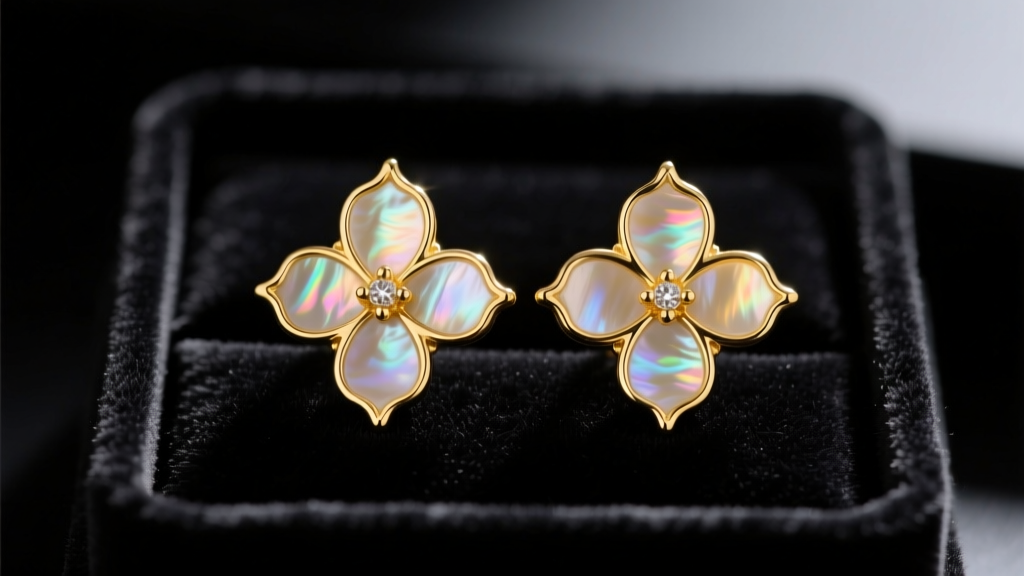 Macro shot of 18k yellow gold VCA Alhambra earrings with mother of pearl inlay resting on a dark velvet authentication tray.