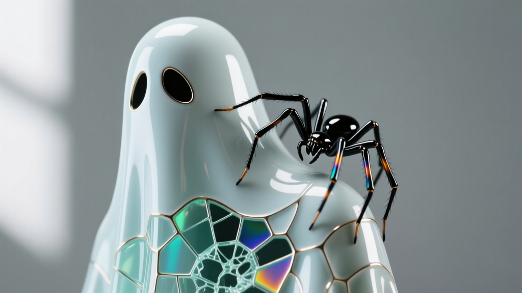 Close-up of enamel ghost and spider Claire's Halloween earrings on dark velvet, lit by moody orange and purple studio lights