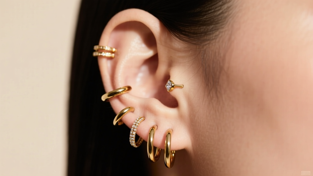 Close-up of a stylish curated ear with multiple gold cartilage hoops and lobe studs against a clean, minimalist beige background.