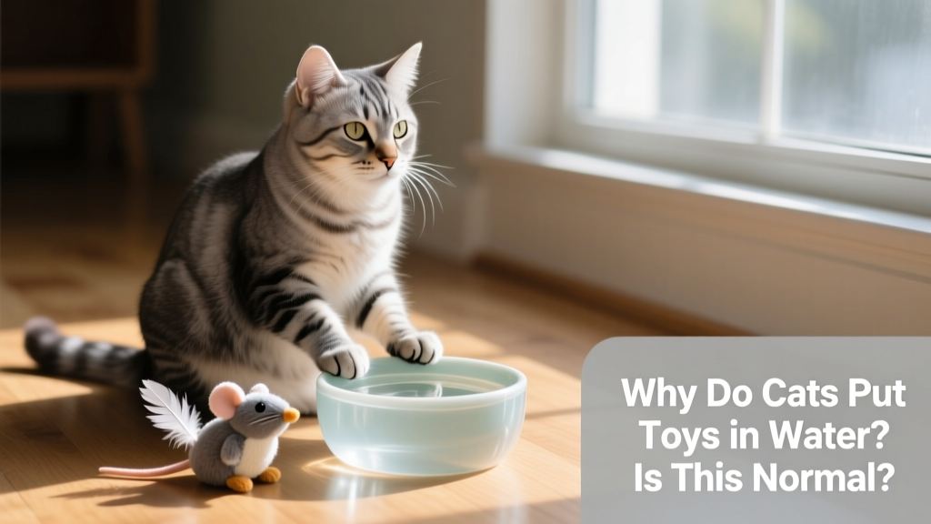 A cat sitting beside a water bowl with two small plush toys resting beside it, looking relaxed and content