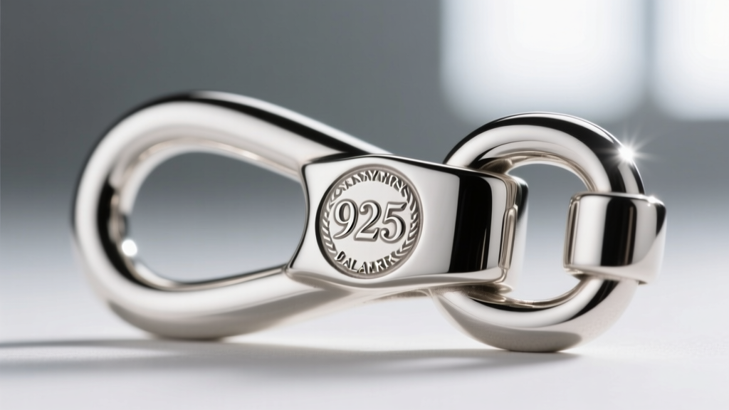 Macro shot of a 925 hallmark stamp on a heavy sterling silver lobster clasp, illuminated by a bright jeweler