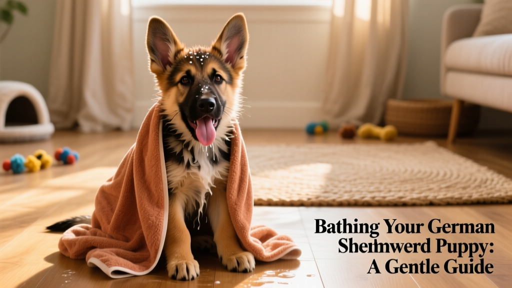 German Shepherd puppy wrapped in a cozy towel, looking content after bath time