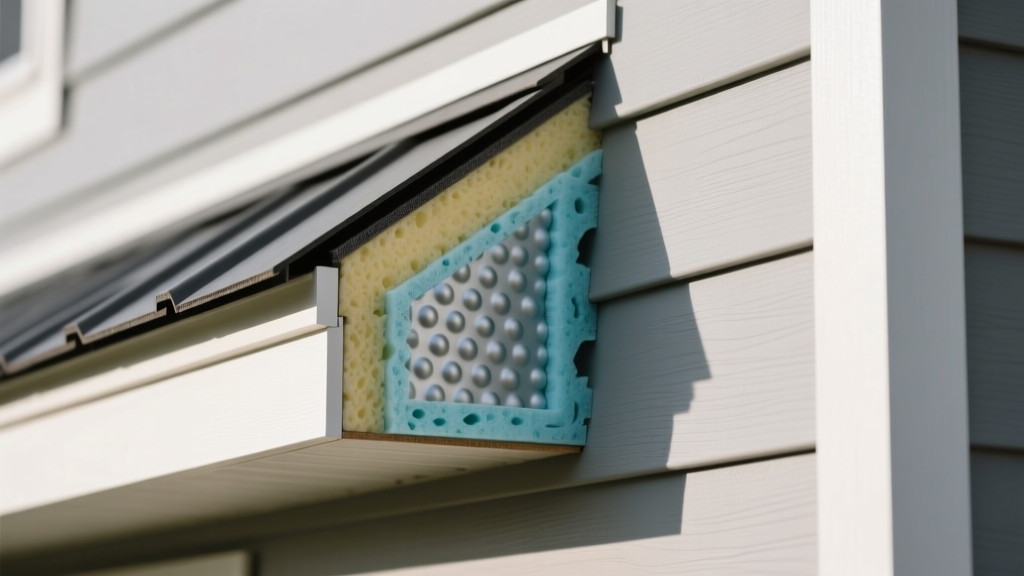 Cross-section of insulated vinyl siding with EPS foam backing installed over a dimpled weather-resistive barrier on a residential exterior wall