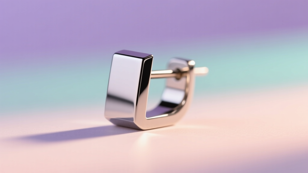Side profile of an ASTM F-136 titanium flat back earring post showing mirror polish finish against a blurred pastel background