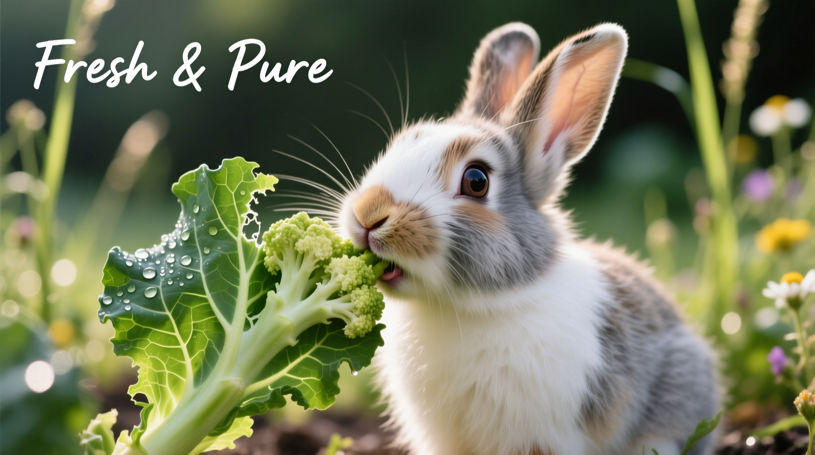 Rabbit nibbling on fresh cauliflower leaves