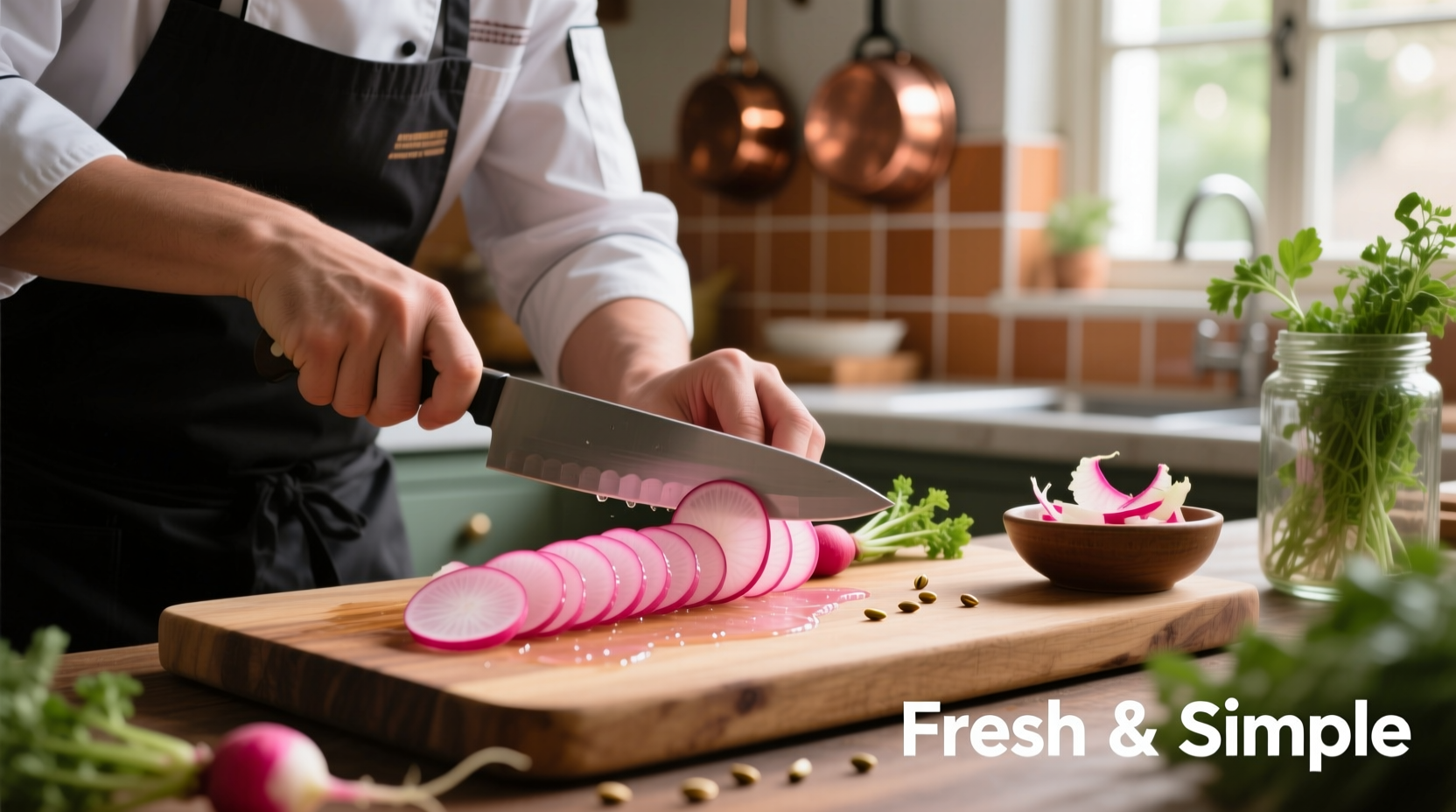 Chef preparing sliced radishes on cutting board