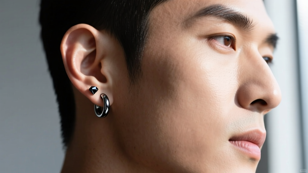 Profile of a man wearing a 16-gauge titanium black diamond huggie earring, showing the seamless clicker closure against the earlobe