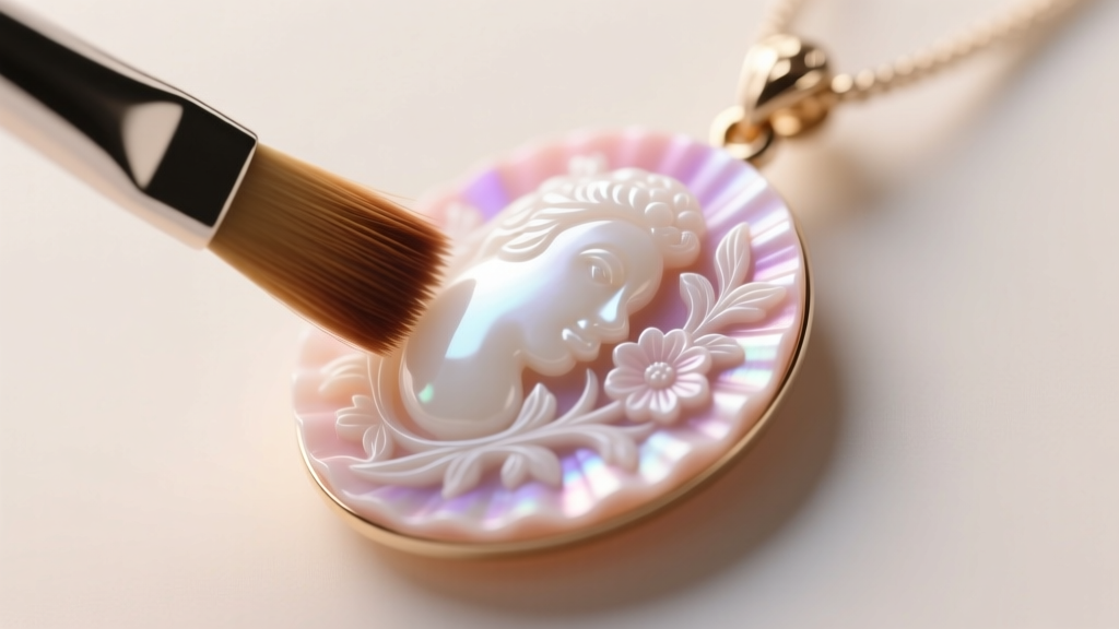 Macro shot of a soft brush cleaning the carved crevices of a white and peach shell cameo pendant under warm directional lighting.